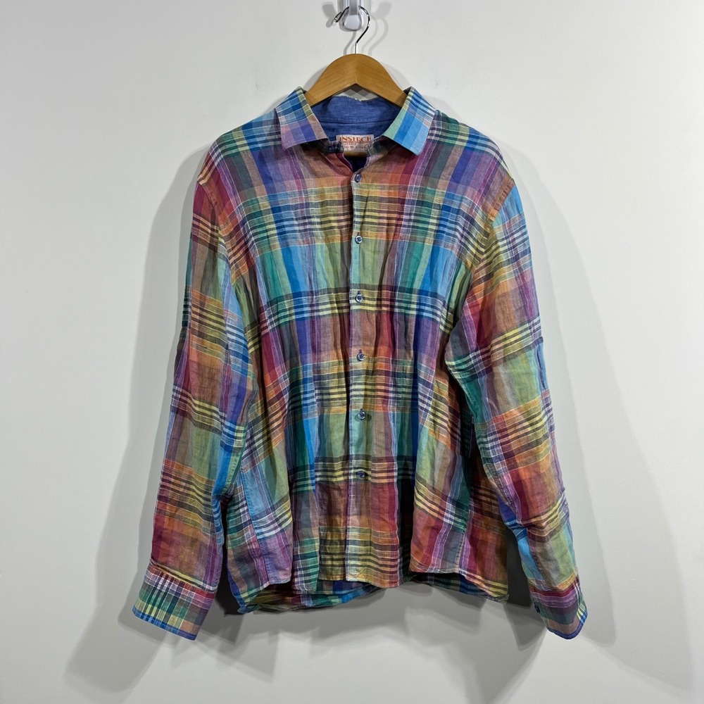 Inserch 100% Linen Preppy Madras Plaid Button Down Shirt Mens 2XL Multicolor